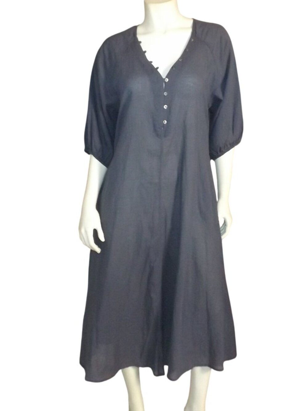 CALME By Johnny Was Dress, M, Solid Gray, Midi, Flowy, Pockets, Button neckline
